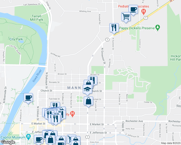 map of restaurants, bars, coffee shops, grocery stores, and more near 714 Brown Street in Iowa City