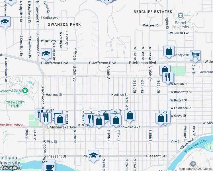 map of restaurants, bars, coffee shops, grocery stores, and more near 601 South 30th Street in South Bend