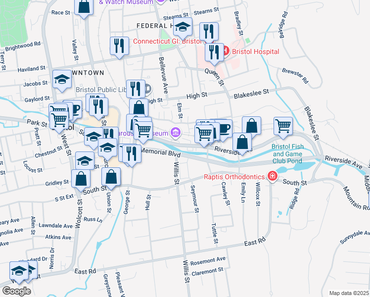 map of restaurants, bars, coffee shops, grocery stores, and more near 65 Memorial Blvd in Bristol