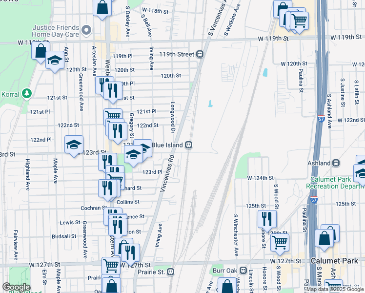 map of restaurants, bars, coffee shops, grocery stores, and more near 2130 West 122nd Street in Blue Island