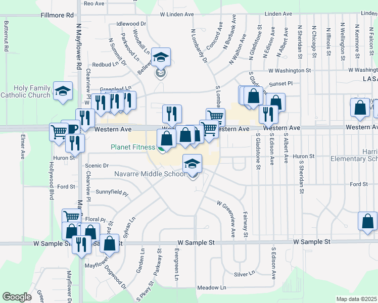 map of restaurants, bars, coffee shops, grocery stores, and more near 4769 Ford Street in South Bend