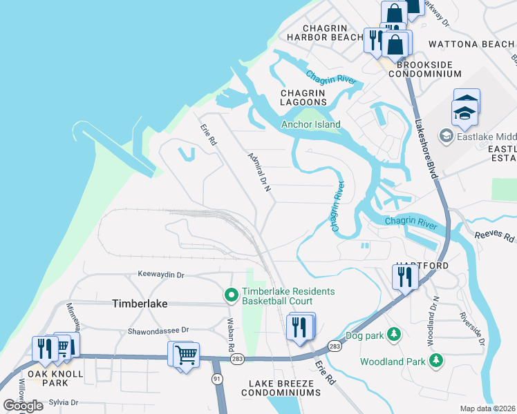 map of restaurants, bars, coffee shops, grocery stores, and more near 151 Erie Road in Eastlake