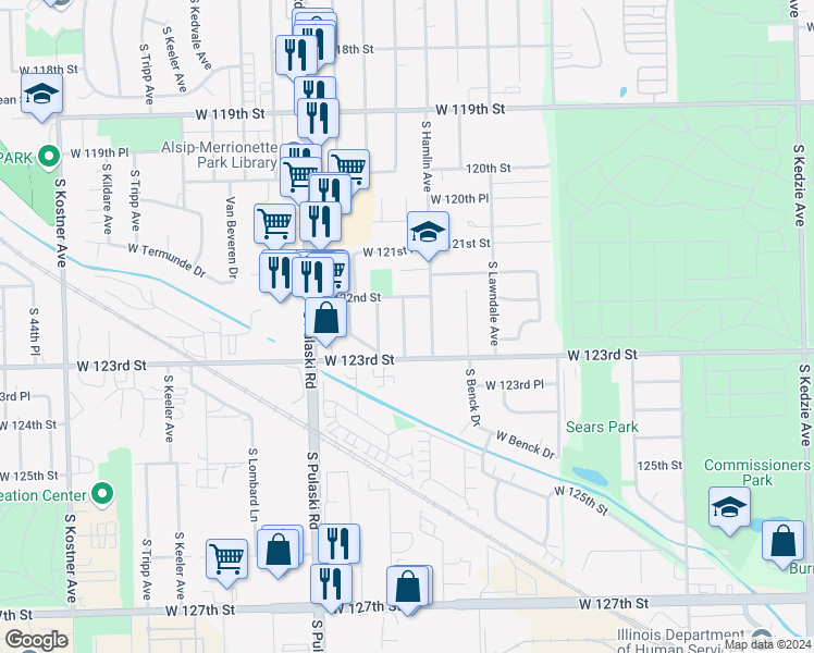 map of restaurants, bars, coffee shops, grocery stores, and more near 12233 South Avers Avenue in Alsip