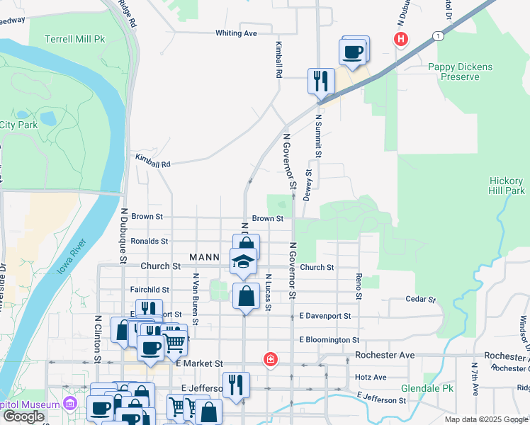 map of restaurants, bars, coffee shops, grocery stores, and more near 728 Brown Street in Iowa City