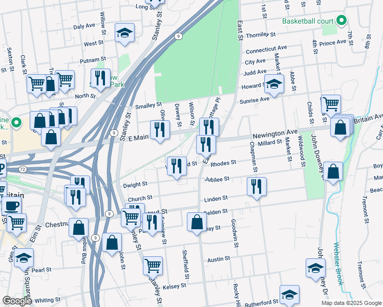 map of restaurants, bars, coffee shops, grocery stores, and more near 62 Woodland Street in New Britain