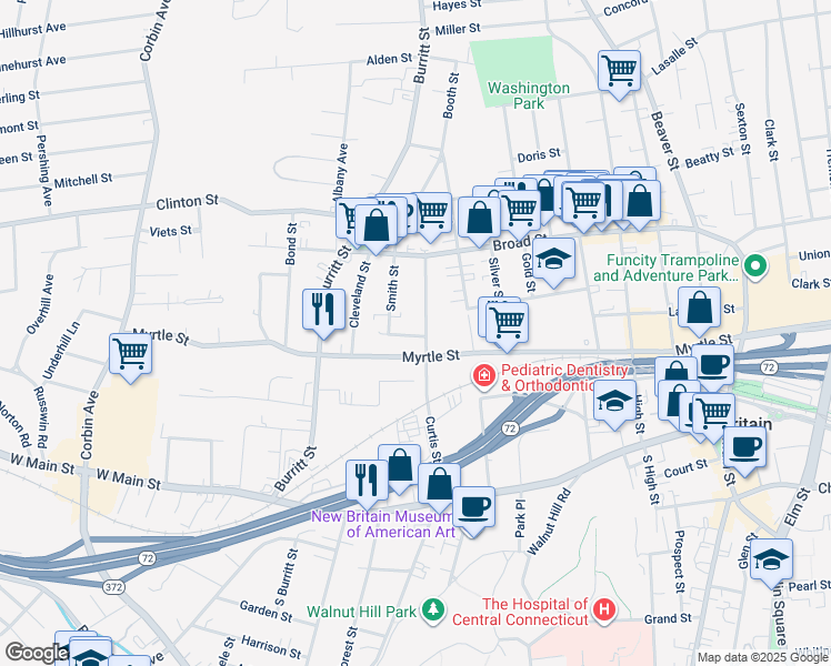 map of restaurants, bars, coffee shops, grocery stores, and more near 144 Curtis Street in New Britain