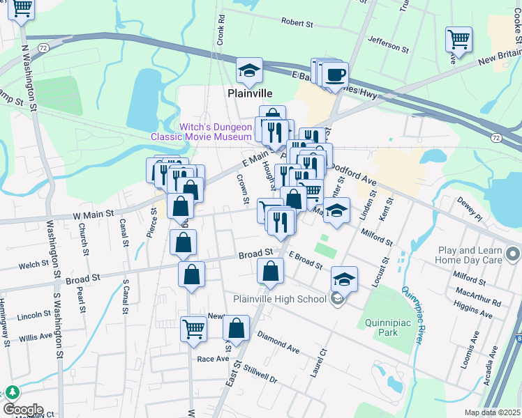 map of restaurants, bars, coffee shops, grocery stores, and more near 22 East Maple Street in Plainville