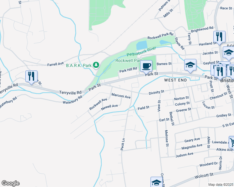 map of restaurants, bars, coffee shops, grocery stores, and more near 55 Marconi Avenue in Bristol