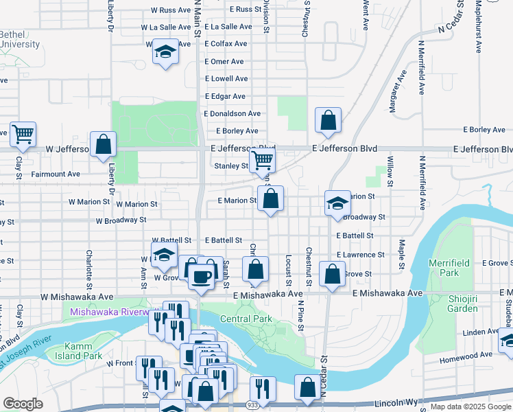 map of restaurants, bars, coffee shops, grocery stores, and more near 1001-1011 Christyann Street in Mishawaka