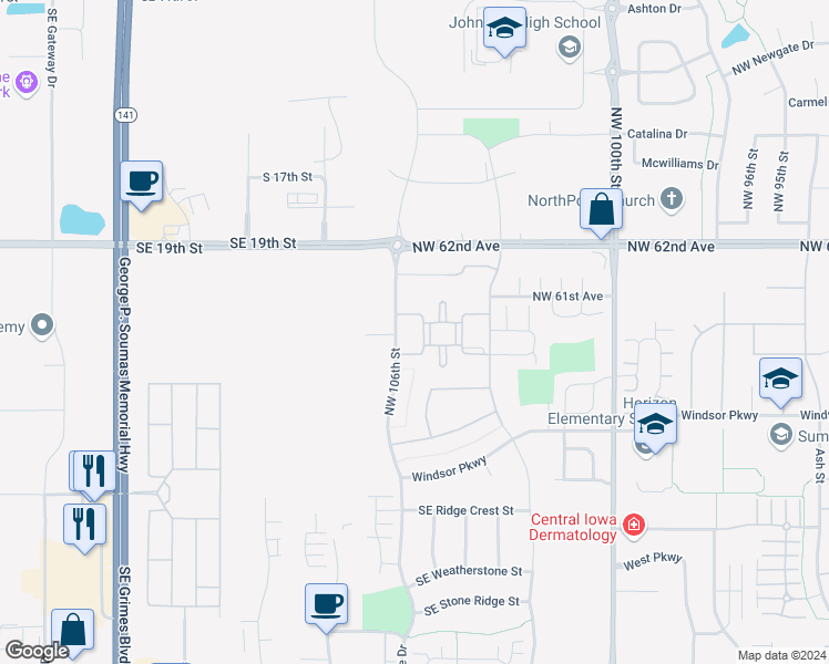 map of restaurants, bars, coffee shops, grocery stores, and more near 1025 Essex Drive in Johnston