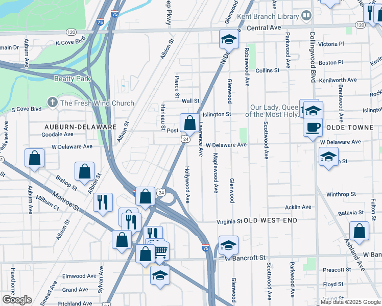 map of restaurants, bars, coffee shops, grocery stores, and more near 2469 Lawrence Avenue in Toledo