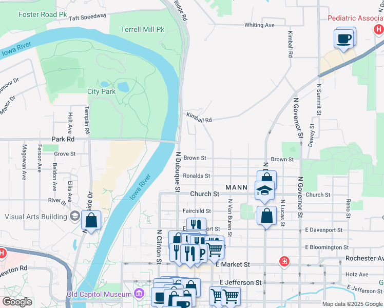map of restaurants, bars, coffee shops, grocery stores, and more near 228 Brown Street in Iowa City