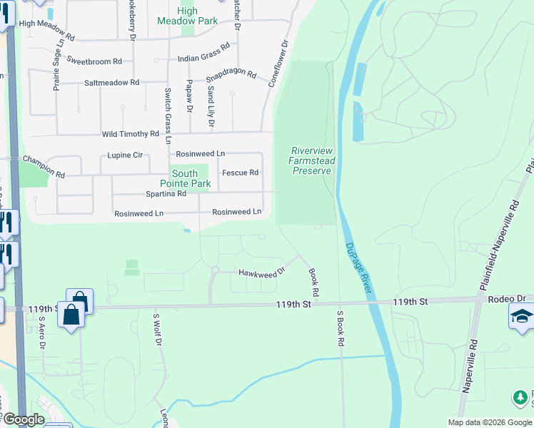 map of restaurants, bars, coffee shops, grocery stores, and more near 5751 Rosinweed Lane in Naperville