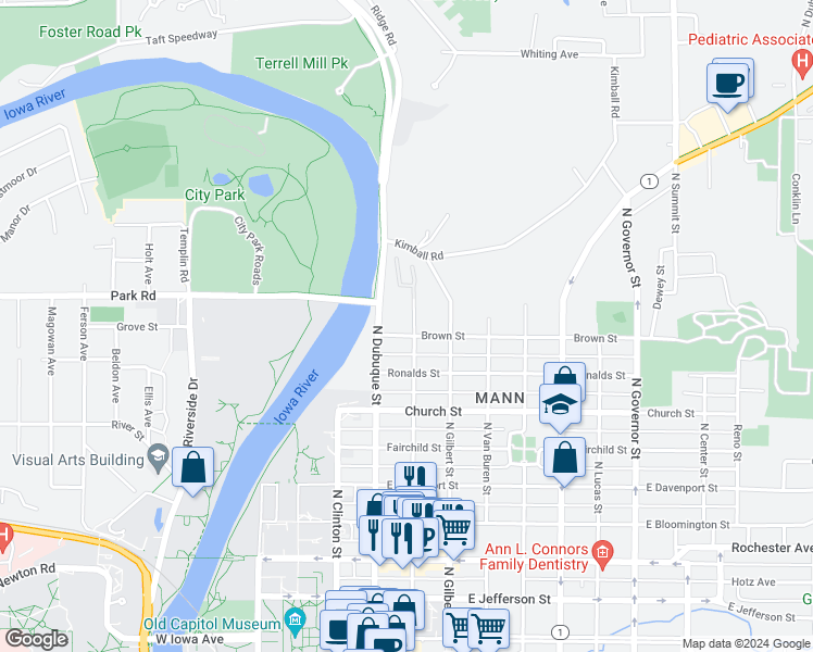 map of restaurants, bars, coffee shops, grocery stores, and more near 228 Brown Street in Iowa City