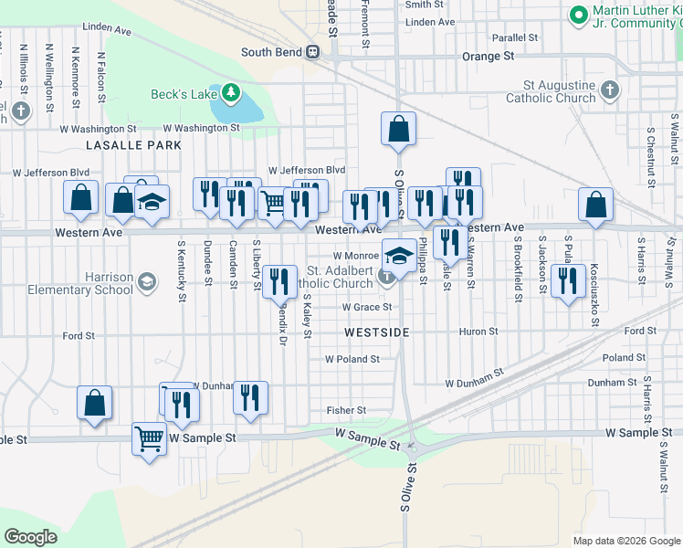 map of restaurants, bars, coffee shops, grocery stores, and more near 501-513 South Meade Street in South Bend