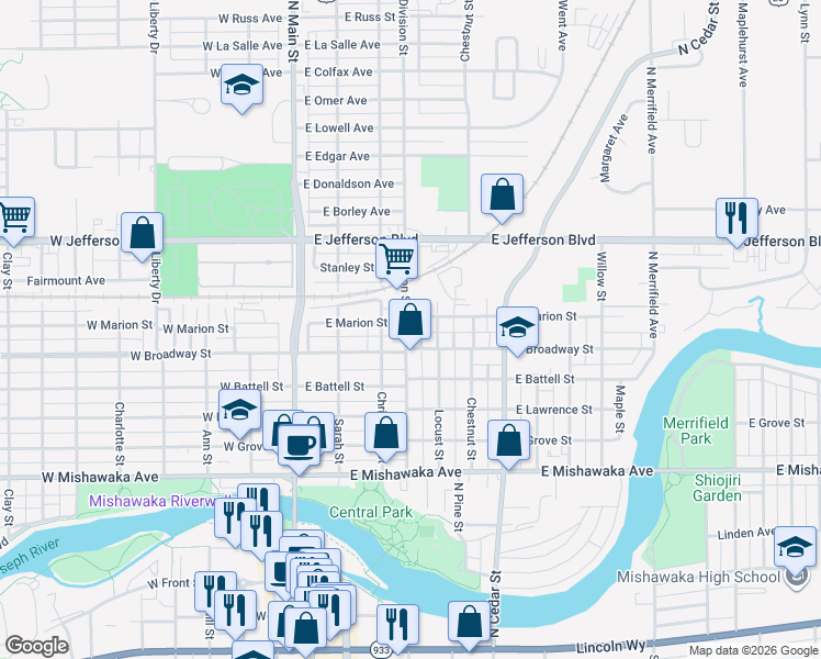 map of restaurants, bars, coffee shops, grocery stores, and more near 408 East Broadway Street in Mishawaka