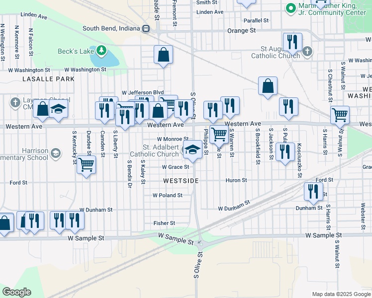 map of restaurants, bars, coffee shops, grocery stores, and more near 2426 Huron Street in South Bend