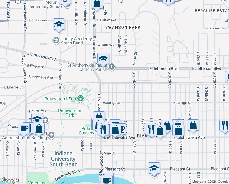 map of restaurants, bars, coffee shops, grocery stores, and more near 614 South 24th Street in South Bend