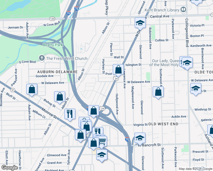 map of restaurants, bars, coffee shops, grocery stores, and more near 2460 Lawton Avenue in Toledo