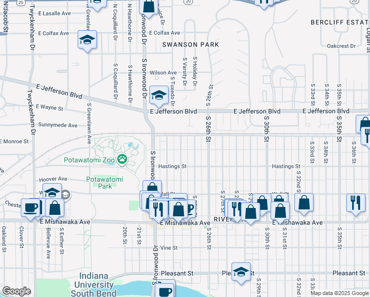 map of restaurants, bars, coffee shops, grocery stores, and more near 614 South 24th Street in South Bend
