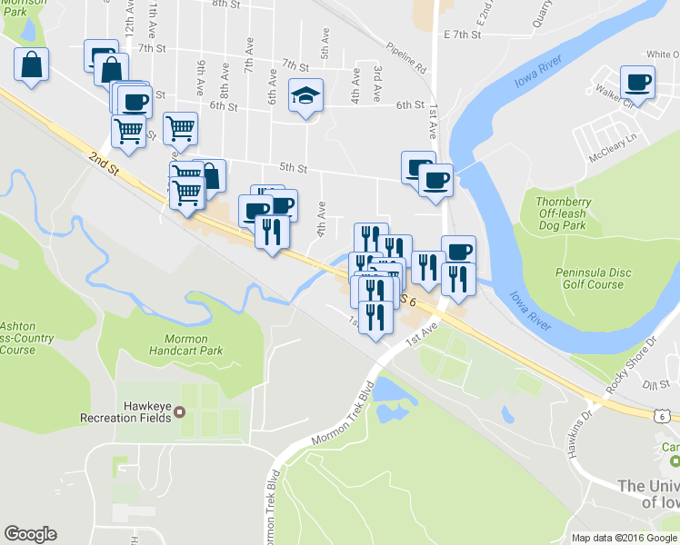 map of restaurants, bars, coffee shops, grocery stores, and more near 317 2nd Street in Coralville