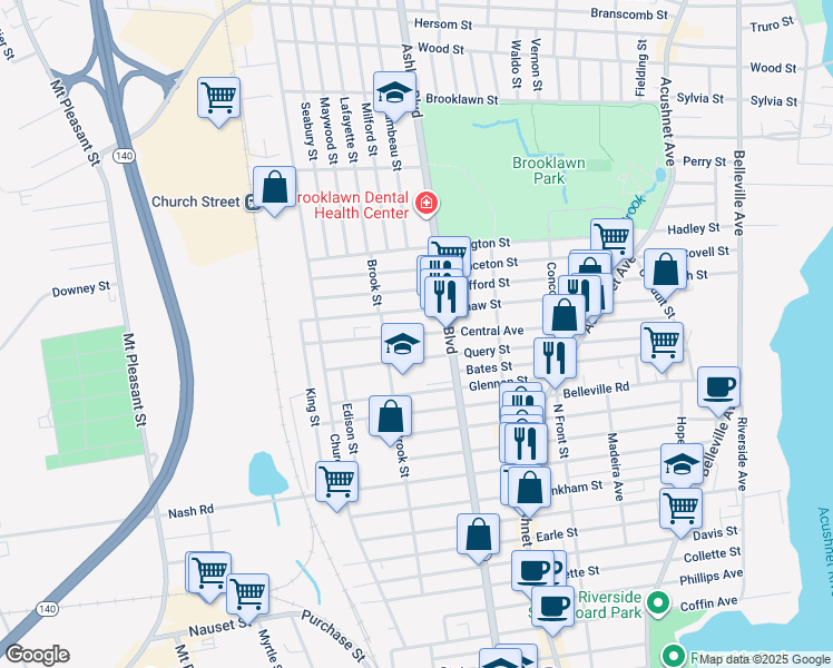 map of restaurants, bars, coffee shops, grocery stores, and more near 273 Query Street in New Bedford