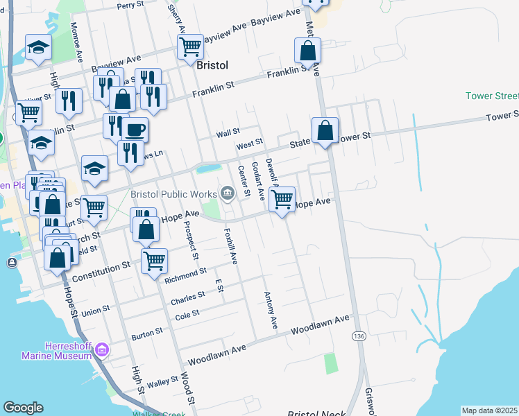 map of restaurants, bars, coffee shops, grocery stores, and more near 150 Mount Hope Avenue in Bristol