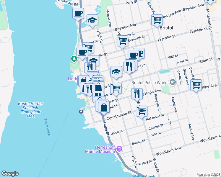 map of restaurants, bars, coffee shops, grocery stores, and more near 69 Court Street in Bristol