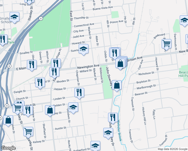 map of restaurants, bars, coffee shops, grocery stores, and more near 17 Market Street in New Britain