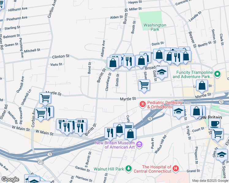 map of restaurants, bars, coffee shops, grocery stores, and more near 411 Myrtle Street in New Britain