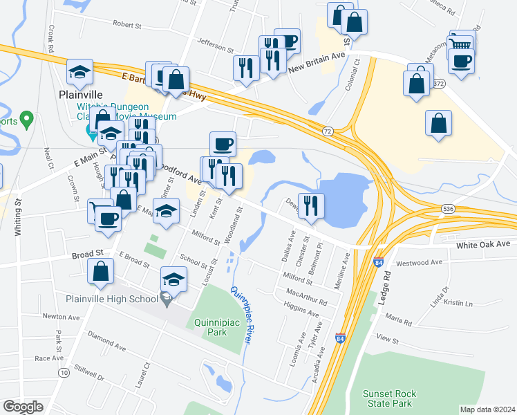 map of restaurants, bars, coffee shops, grocery stores, and more near 300 Woodford Avenue in Plainville