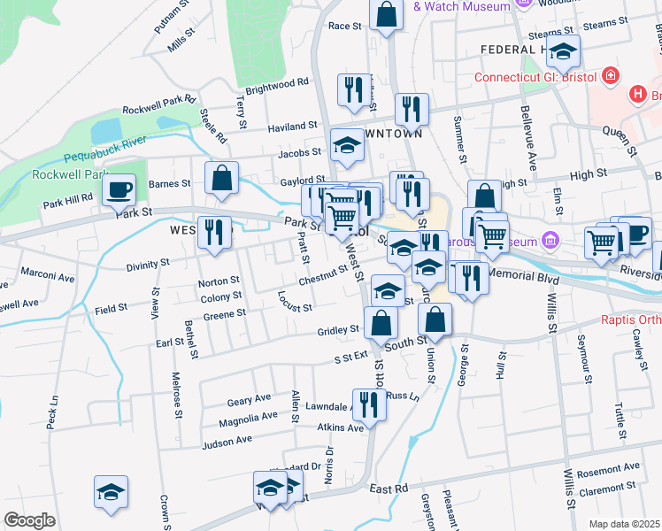 map of restaurants, bars, coffee shops, grocery stores, and more near 36 Emory Court in Bristol