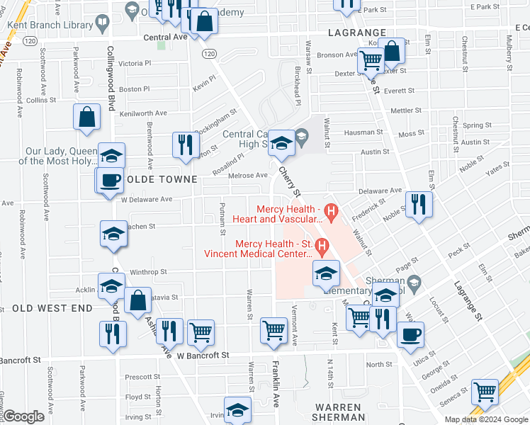 map of restaurants, bars, coffee shops, grocery stores, and more near in Toledo