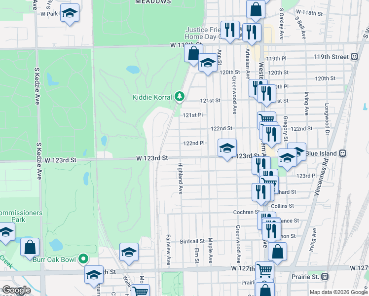 map of restaurants, bars, coffee shops, grocery stores, and more near 2634 West 123rd Street in Blue Island