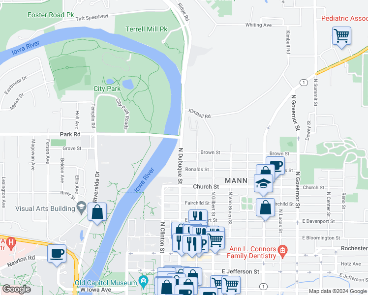 map of restaurants, bars, coffee shops, grocery stores, and more near 750 North Dubuque Street in Iowa City