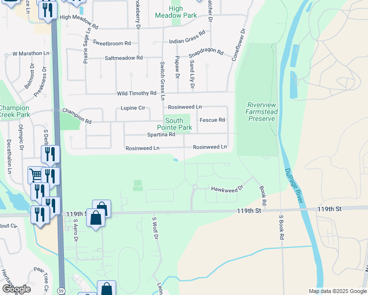 map of restaurants, bars, coffee shops, grocery stores, and more near Hawkweed Drive in Naperville