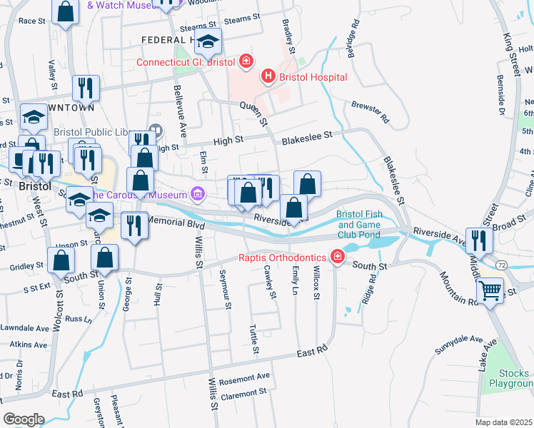 map of restaurants, bars, coffee shops, grocery stores, and more near 200 Riverside Avenue in Bristol