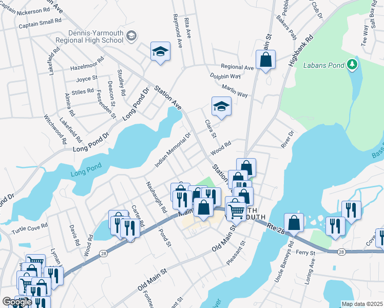 map of restaurants, bars, coffee shops, grocery stores, and more near 7 Sharon Road in Yarmouth