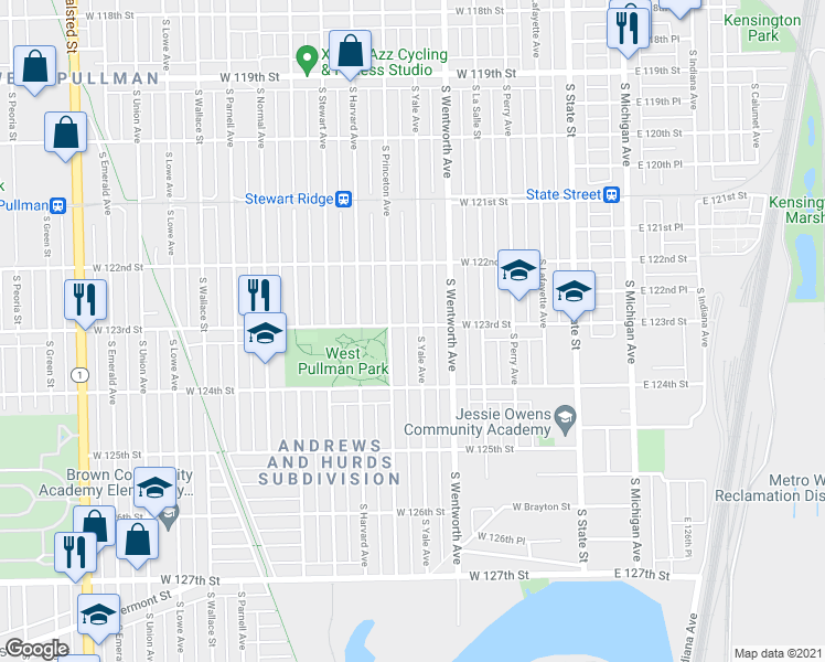 map of restaurants, bars, coffee shops, grocery stores, and more near 12300 South Yale Avenue in Chicago