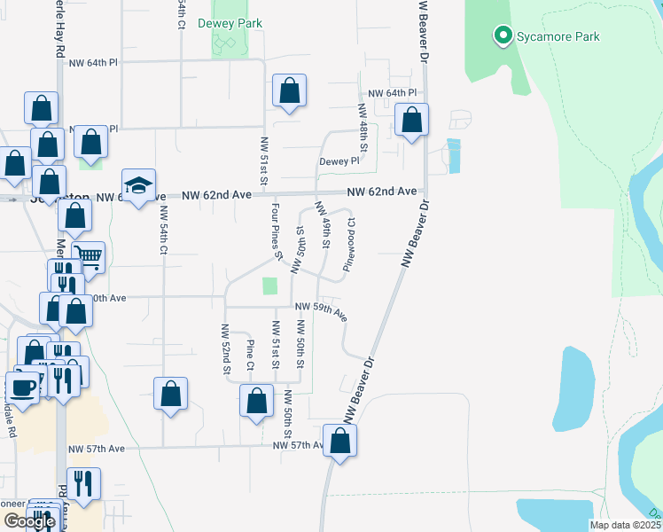 map of restaurants, bars, coffee shops, grocery stores, and more near 6023 Northwest 49th Street in Johnston