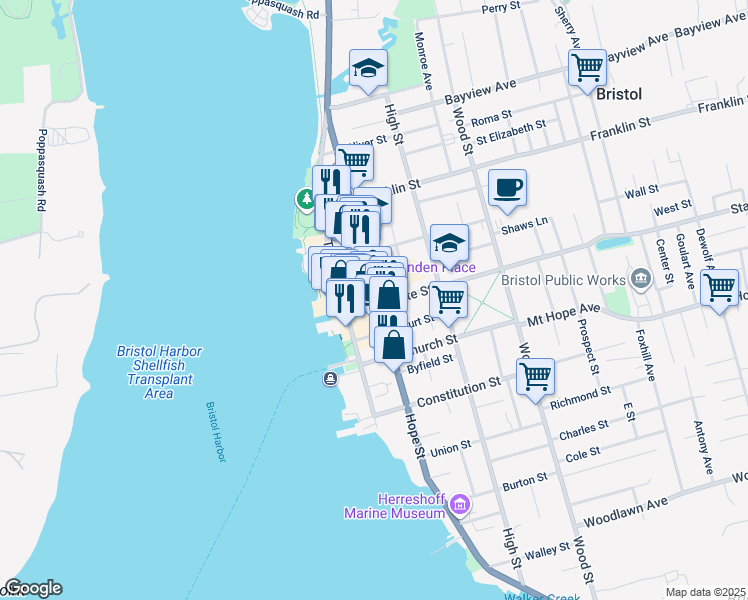 map of restaurants, bars, coffee shops, grocery stores, and more near 46 State Street in Bristol