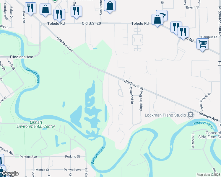 map of restaurants, bars, coffee shops, grocery stores, and more near 56819 Raider Drive in Elkhart