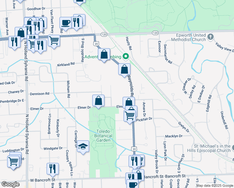 map of restaurants, bars, coffee shops, grocery stores, and more near 2716 Westmar Court in Toledo
