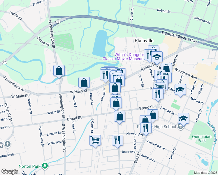 map of restaurants, bars, coffee shops, grocery stores, and more near 55 Pierce Street in Plainville