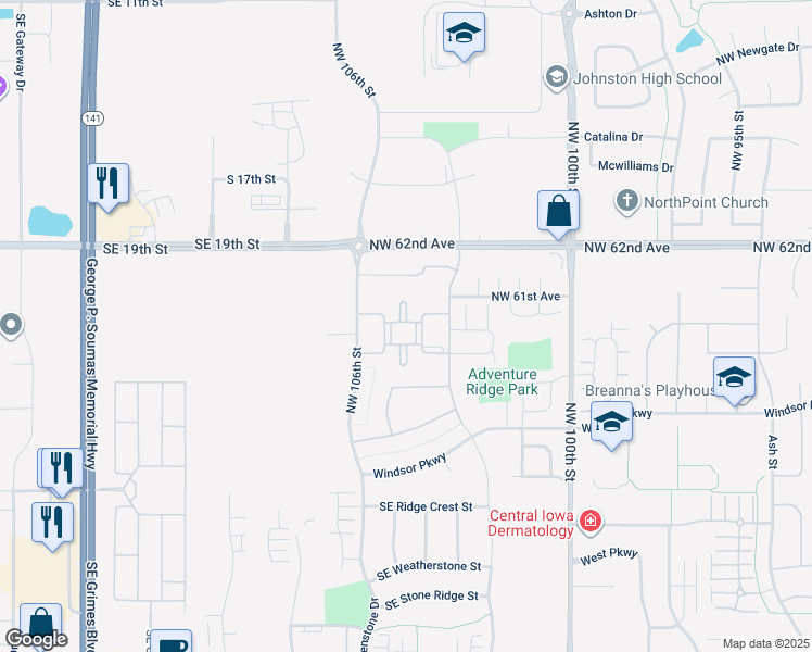 map of restaurants, bars, coffee shops, grocery stores, and more near 6030 Bremen Court in Johnston