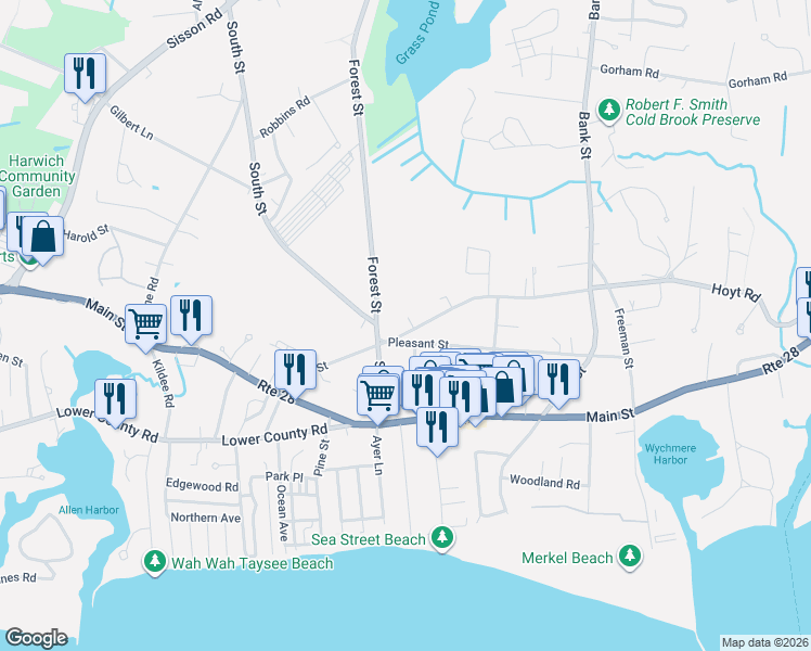 map of restaurants, bars, coffee shops, grocery stores, and more near 1 Pleasant Street in Harwich