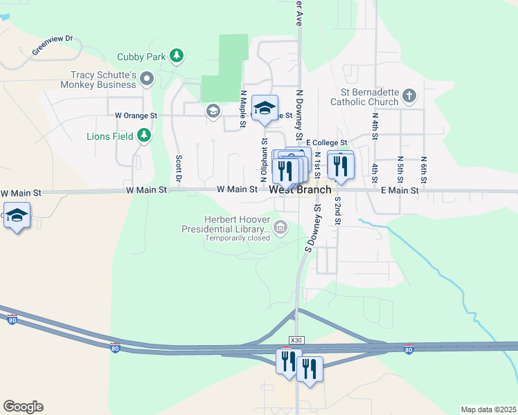 map of restaurants, bars, coffee shops, grocery stores, and more near Poplar Street in West Branch