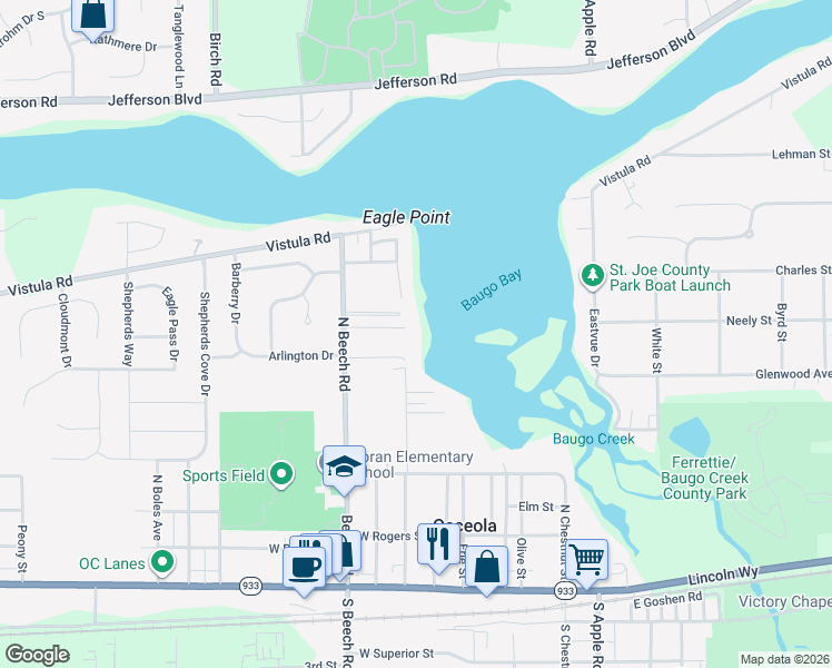 map of restaurants, bars, coffee shops, grocery stores, and more near 510 North Lamport Street in Osceola
