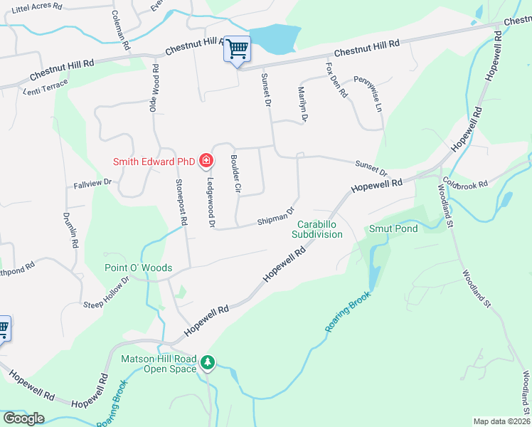 map of restaurants, bars, coffee shops, grocery stores, and more near 105 Shipman Drive in Glastonbury