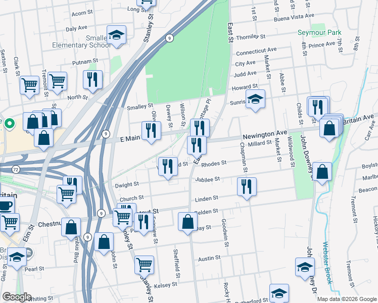 map of restaurants, bars, coffee shops, grocery stores, and more near 611 East Street in New Britain
